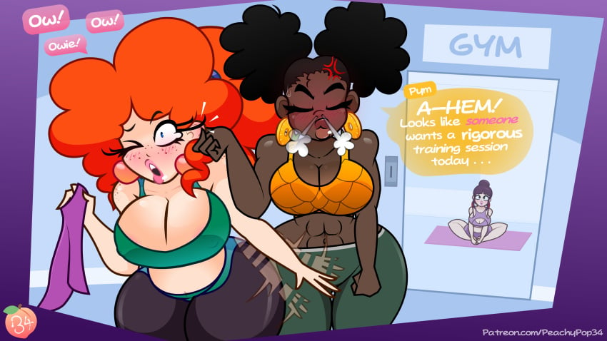 3girls angry big_breasts cherri_(peachypop34) dark-skinned_female ebony gym jess_(peachypop34) leggings light-skinned_female peachypop34 pymapple_(peachypop34)