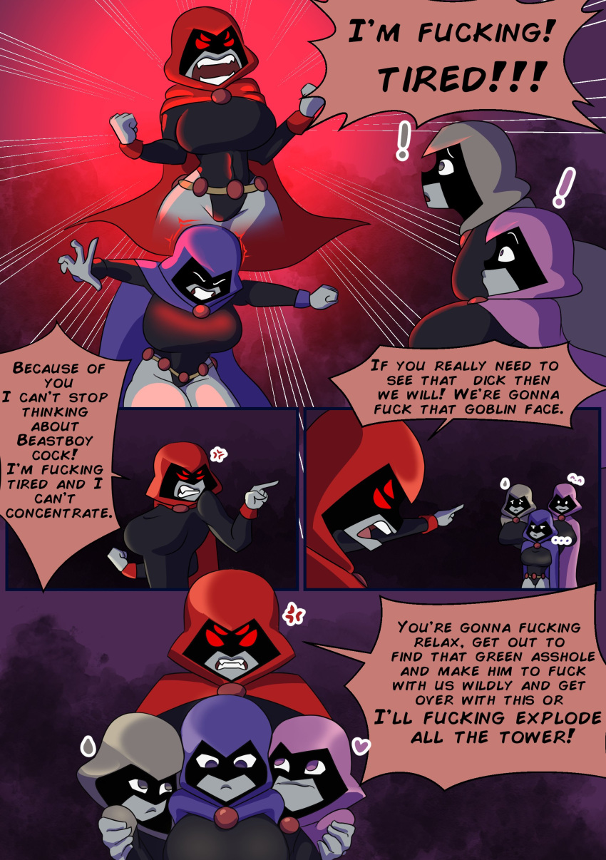 big_breasts cape clothing comic comic_page dc dc_comics dialogue emoticlone evil_raccoon female grey_eyes human outerwear pale_skin pink_eyes purple_eyes rachel_roth raven_(dc) red_eyes teen_titans