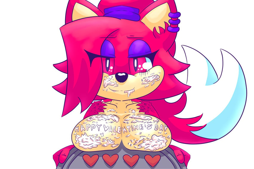 anthro asami_the_cat big_breasts breasts cookie ear_piercing fan_character felid feline female food fur hair hi_res holding_object holidays humanoid long_hair mammal piercing red_body red_eyes red_fur red_hair redeye_samurai_(artist) sega simple_background smile solo sonic_(series) sonic_the_hedgehog_(series) tail tan_body tan_skin valentine's_day