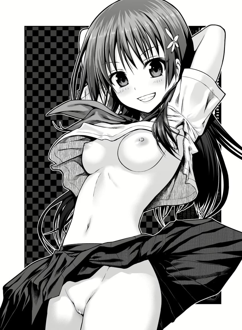 1girls 40010prototype alternate_version_available areolae armpit_peek armpits arms_behind_head arms_up breasts censored female female_only grin long_hair looking_at_viewer medium_breasts monochrome navel nipples no_bra no_panties pose pussy saten_ruiko school_uniform schoolgirl shimanto_shisakugata skirt skirt_lift smile solo to_aru_kagaku_no_railgun to_aru_majutsu_no_index voluptuous