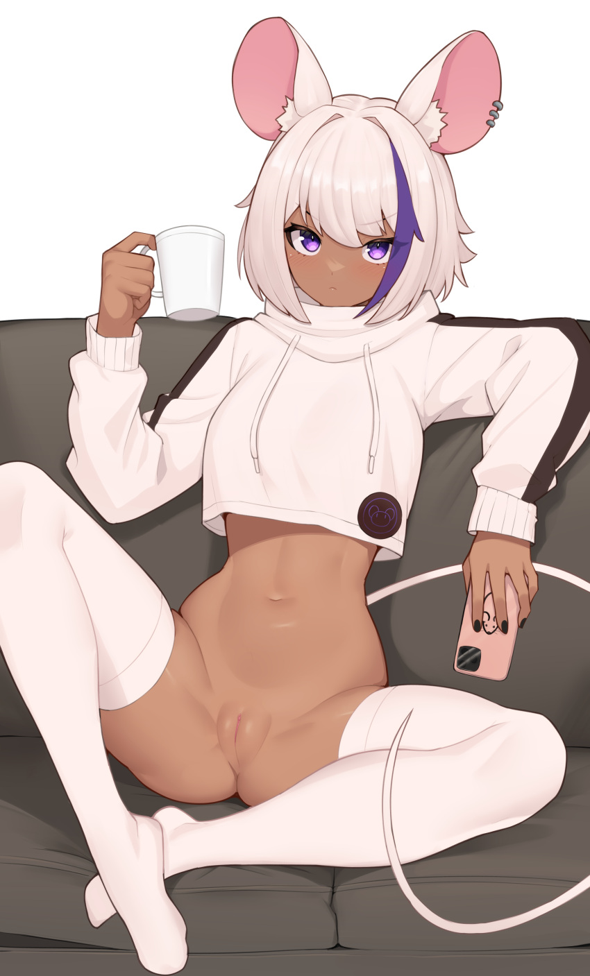 2d 2d_(artwork) 2d_artwork absurd_res big_ears bottomless character_request crop_top crop_top_hoodie cup ear_piercing hi_res highres holding_cup holding_object legwear long_tail looking_at_viewer midriff moursho mouse_ears mouse_tail navel not_caring on_couch painted_nails phone purple_eyes pussy sitting sitting_on_bed tagme tagme_(character) tail tan-skinned_female tan_skin tanned tanned_female tanned_girl tanned_skin thighhighs thighs uncensored vagina white_background white_hair white_hoodie