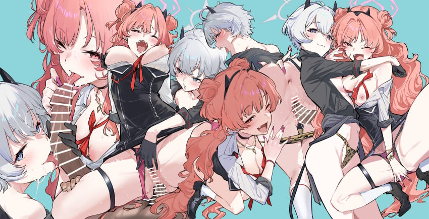 1boy 2girls absurdres anal anus aqua_background bar_censor black_horns black_shirt blue_archive breasts brown_hair censored clothed_sex clothes_around_waist commentary_request cum cum_on_body double_bun erika_(blue_archive) facial fingering gloves grey_halo hair_bun halo highres horns jewelry kirara_(blue_archive) kurotsuki_machi large_breasts long_hair looking_at_viewer multiple_girls multiple_views necklace nipples penis sex sex_from_behind shirt short_hair spread_legs vaginal_penetration white_hair white_shirt