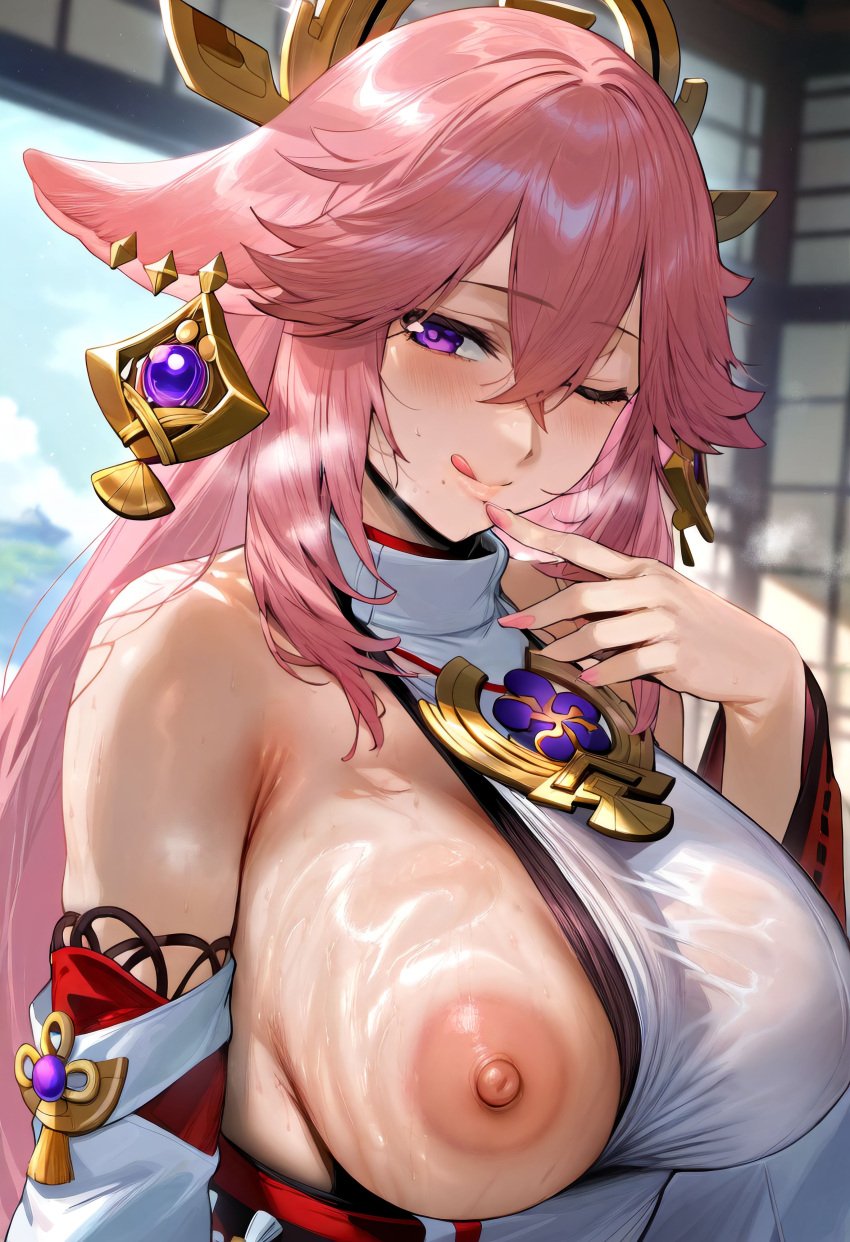 1girls ai_generated animal_ears areolae bangs bare_shoulders blush breasts clothes_pull clothing curvaceous curvaceous_female curvaceous_figure curvy curvy_figure detached_sleeves earrings exposed_breasts female female female_focus female_only fox_ears genshin_impact hair_between_eyes hair_ornament heart heart-shaped_pupils huge_breasts inviting inviting_to_sex jewelry kimono large_breasts licking_lips long_hair long_sleeves looking_at_viewer mikayori miko necklace nipples no_bra one_eye_closed open_mouth outdoors pendant pink_hair presenting purple_eyes robe seductive seductive_look seductive_smile shirt sidelocks sky smile solo sweat tongue tongue_out traditional_clothes upper_body voluptuous voluptuous_female wafuku wet wide_sleeves yae_miko yae_miko_(genshin_impact)