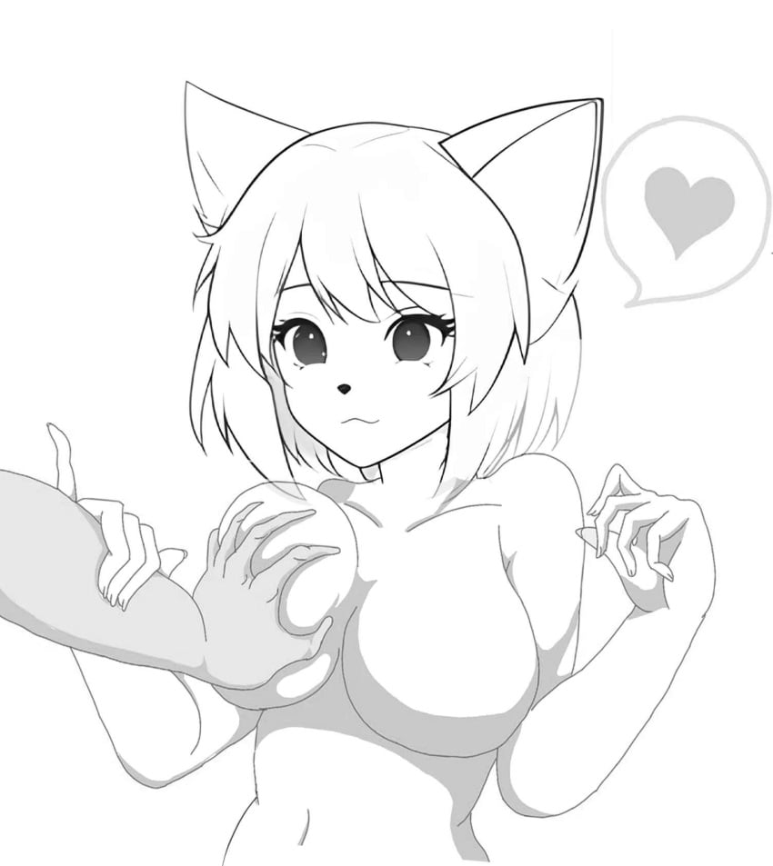 ambiguous_gender big_breasts boob_grab hand_on_another's_arm monochrome naked_female short_hair spoken_heart virtual_youtuber wolf_ears wolf_girl wolfychu youtube youtuber