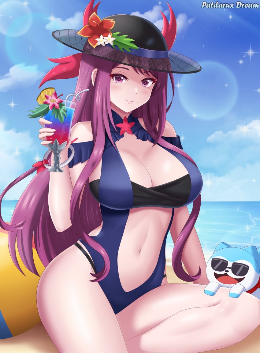 1girls 2024 alternate_costume artist_name beach beach_ball blue_one-piece_swimsuit blue_swimsuit breasts cleavage drink female female_only fire_emblem fire_emblem_engage fire_emblem_heroes hat highres ivy_(fire_emblem) ivy_(summer)_(fire_emblem) large_breasts light-skinned_female light_skin long_hair looking_at_viewer navel nintendo official_alternate_costume one-piece_swimsuit patdarux purple_eyes purple_hair sand sea sommie_(fire_emblem) sunglasses swimsuit watermark