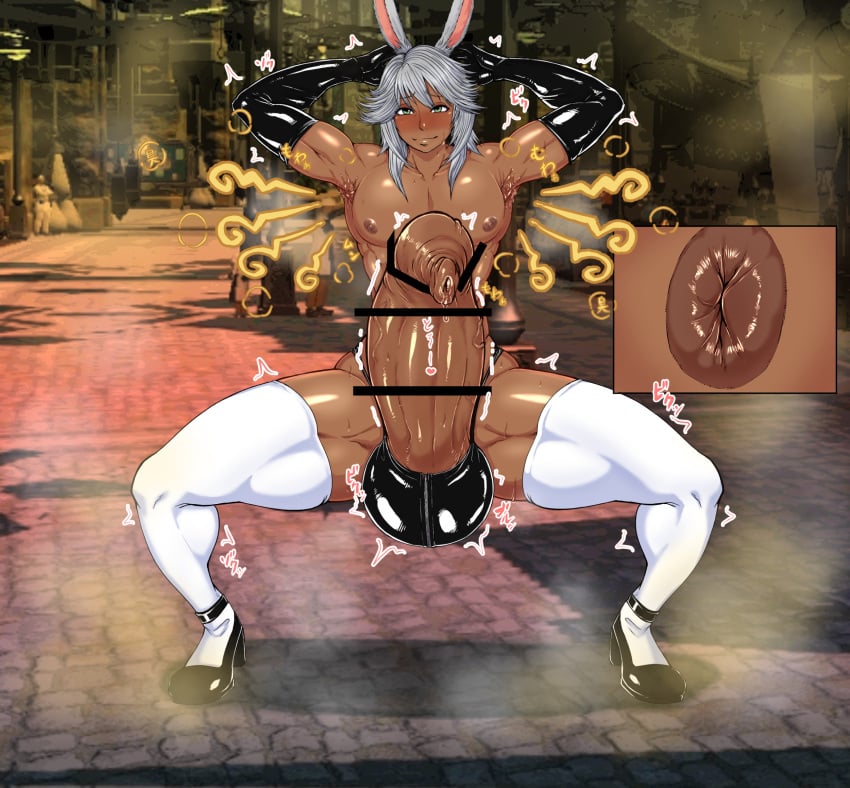 1boy animal_ears animal_humanoid anus armpits balls_outline bar_censor censored dark-skinned_male dark_skin erection final_fantasy_xiv foreskin foreskin_folds foreskin_overhang grey_eyes grey_hair humanoid hyper_penis intact long_foreskin looking_at_viewer male male_nipples male_only muscles muscular_male pecs penis picture_in_picture puffy_anus rabbit_ears smelly_armpits smooth_skinned_male solo stink_lines sweat text thighhighs uncut unretracted_foreskin veiny_penis viera zeroblack