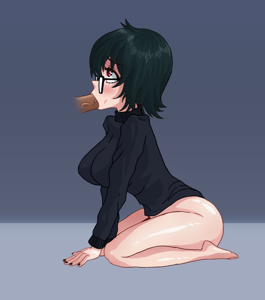 all_fours bangs blowjob bottomless clothed cock feet green_hair hunter_x_hunter looking_up medium_breasts nail_polish nipples oral oral_sex penis red_eyes shizuku_murasaki sucking_penis sweater thick