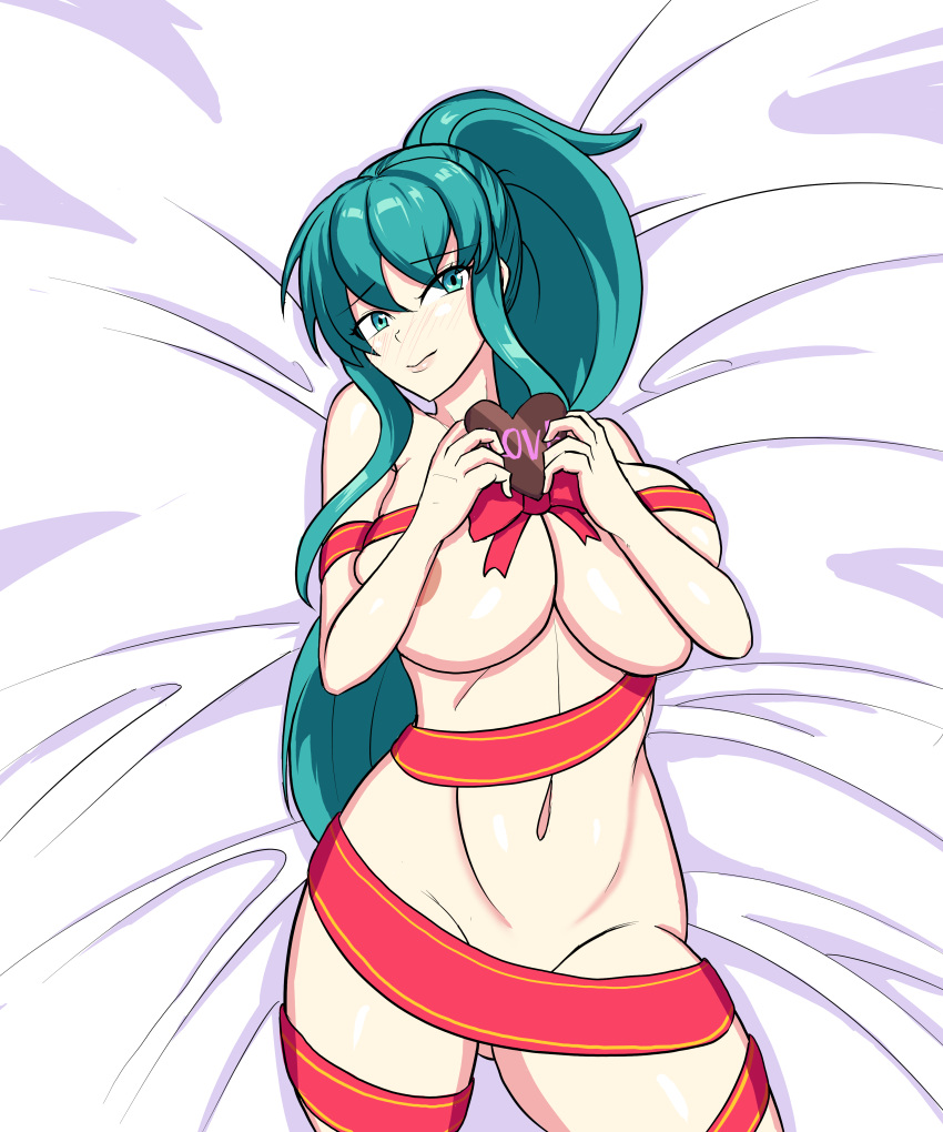 1girls alternate_hairstyle aqua_eyes aqua_hair ass_visible_through_thighs bare_thighs bed_sheet breast_press breasts chocolate completely_nude eirika_(fire_emblem) eirika_(pledged_restorer)_(fire_emblem) female female_only fire_emblem fire_emblem:_the_sacred_stones fire_emblem_heroes heart large_breasts long_hair naked_ribbon nude nude_female official_alternate_hairstyle on_back ponytail ribbon solo thick_thighs thighs tyranno_z valentine's_day very_long_hair