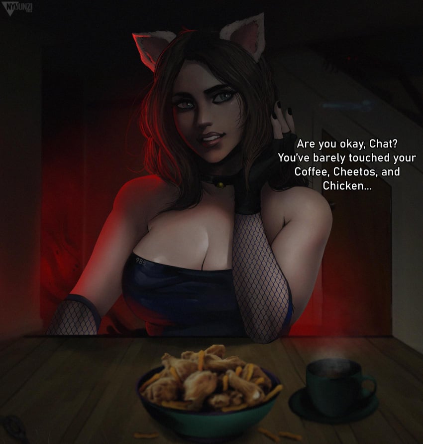 big_breasts black_nails cat_ears catgirl cheetos chicken chicken_wings coffee female_only fingerless_gloves fishnet_armwear fishnets jerma985 large_breasts nyuunzi rule_63 solo tagme text