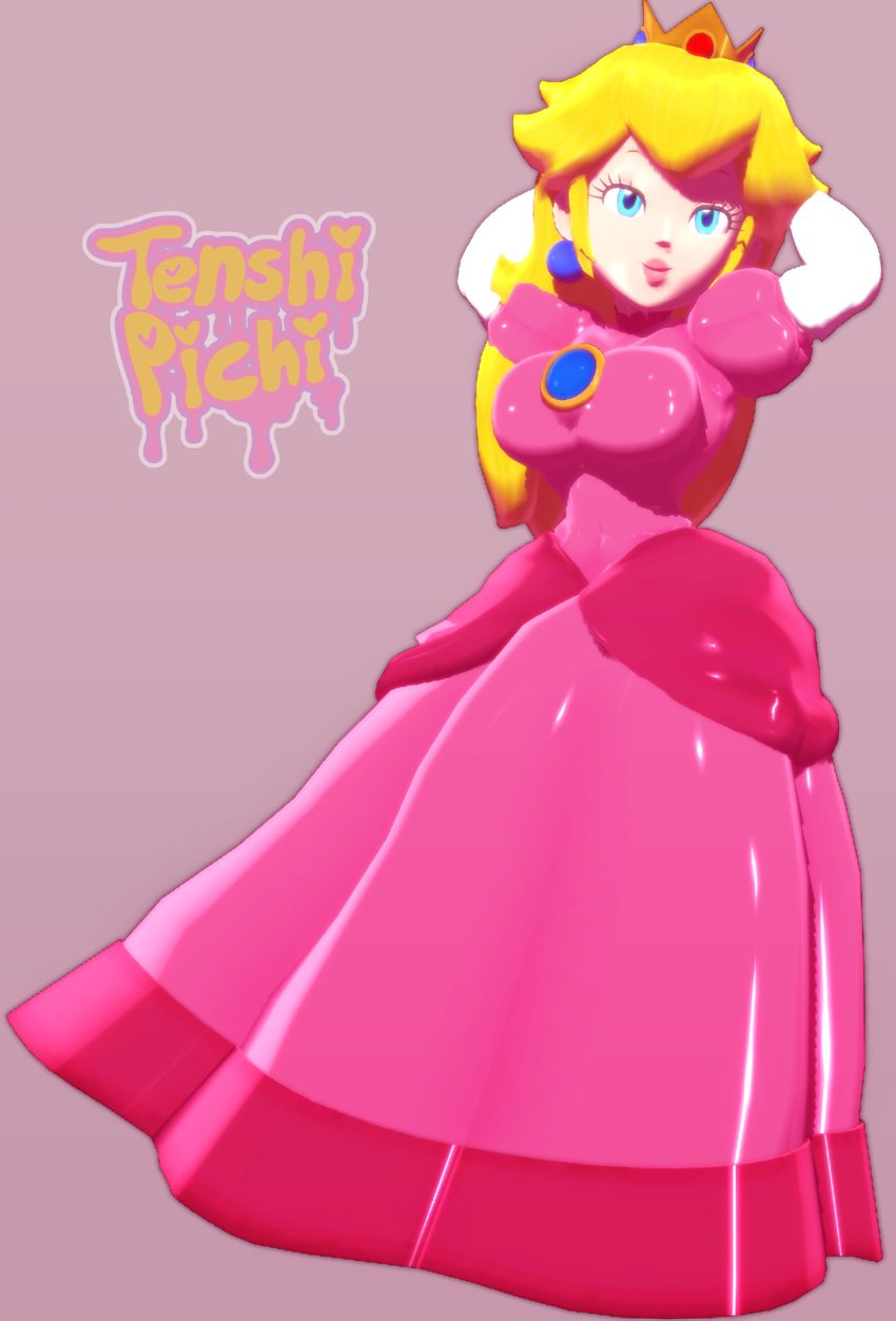 1girls 3d arms_behind_head arms_up big_breasts blonde_hair blue_eyes breasts busty confident dress fully_clothed half-closed_eyes hi_res large_breasts long_hair mario_(series) mikumikudance mmd pose posing princess_peach seductive seductive_look seductive_smile sensual smile smiling tenshipichi voluptuous