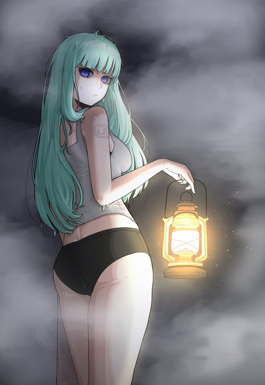 ass bare_legs bare_thighs big_breasts blue_eyes blue_hair gogalking horror insact lantern long_hair looking_at_viewer looking_back mist panties thighs three-quarter_view