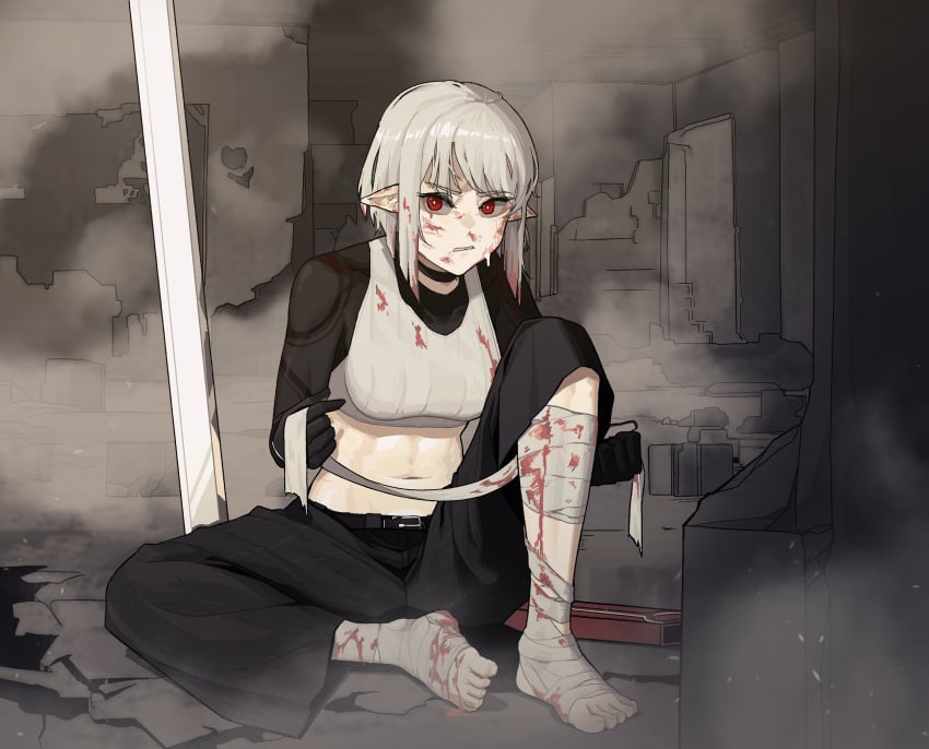 bandage bandages barefoot belly_button big_breasts blood blood_on_body blood_on_chest blood_on_face blood_on_leg feet gogalking hurt hurt_expression insact leg_up long_hair looking_at_viewer red_eyes sitting_down slim_waist sports_bra sportswear sword teenager vampire_(gogalking) white_hair