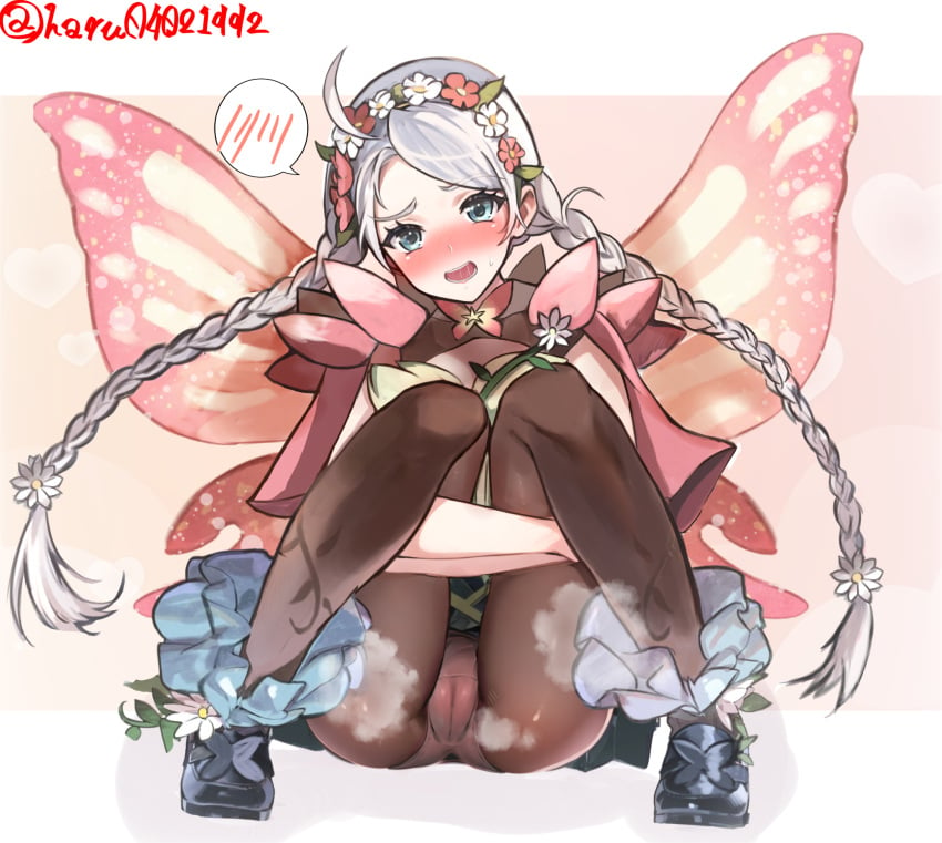 1girls alternate_costume ass blue_eyes blue_footwear blush boots braid brown_pantyhose butterfly_wings cameltoe capelet commission fairy_wings female female_only fire_emblem fire_emblem_fates fire_emblem_heroes flower gradient_clothes hair_flower hair_ornament hair_vines hairband harutan_(haru04021992/ufnn8842) highres hugging_own_legs insect_wings light-skinned_female light_skin long_hair looking_at_viewer low_twin_braids nina_(fire_emblem) nina_(resplendent)_(fire_emblem) nintendo official_alternate_costume panties panties_under_pantyhose pantyhose pantyshot partially_visible_vulva pink_capelet pink_flower pink_panties pussy skeb_commission solo speech_bubble steamy_pussy sweat twin_braids underwear upskirt vine_harness vine_print white_flower white_hair wings