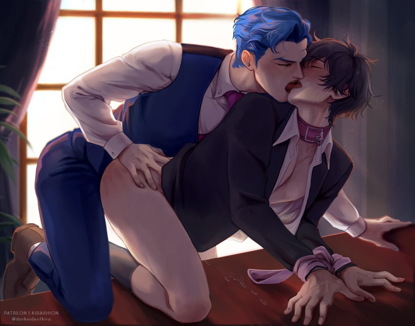 2boys adam_(sk8_the_infinity) ainosuke_shindo arms_tied artist_name blush bottomless clothed_male clothed_sex collar cum cum_on_desk hand_mark hand_on_butt high_socks kirashion kissing male/male male_only no_visible_genitalia on_desk open_shirt sk8_the_infinity snake_(sk8_the_infinity) submissive_male sweat tadashi_kikuchi tongue_kiss tongue_out yaoi