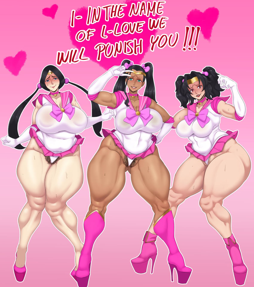 3girls big_breasts bishoujo_senshi_sailor_moon bleach clothing crossover female female_only high_heel_boots high_heels huge_breasts kurenai_yuhi large_breasts magical_girl_outfit multiple_girls naruto naruto_shippuden nico_robin one_piece panties pubic_hair shounen_jump skirt sunnysundown thick_thighs unohana_retsu valentine's_day venus_body wide_hips wide_thighs