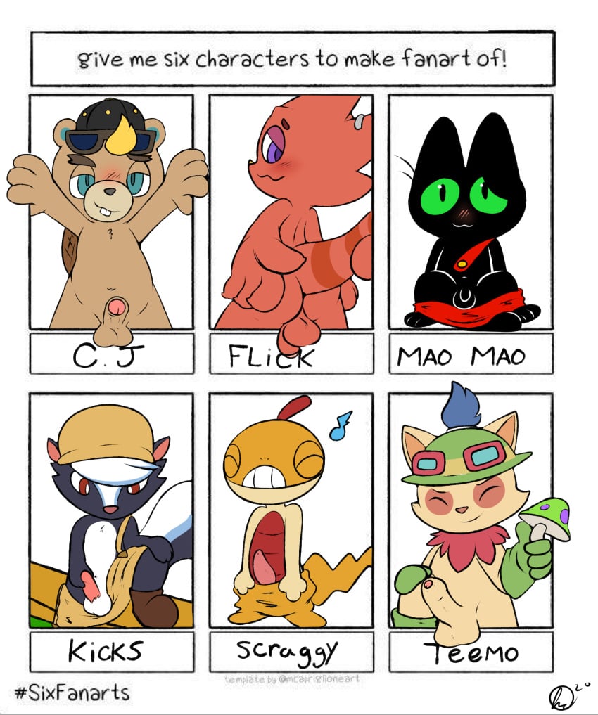 2020 6boys animal_crossing anthro beaver c.j._(animal_crossing) cartoon_network chameleon crossover dated domestic_cat english_text felid feline felis feral flick_(animal_crossing) furry highres kicks_(animal_crossing) league_of_legends lightytheyoshi lizard male male_only mammal mao_mao:_heroes_of_pure_heart meme mephitid nintendo penis pokemon pokemon_bw reptile riot_games rodent scalie scraggy sheriff_mao_mao_mao six_fanarts_challenge skunk teemo testicles text watermark yordle