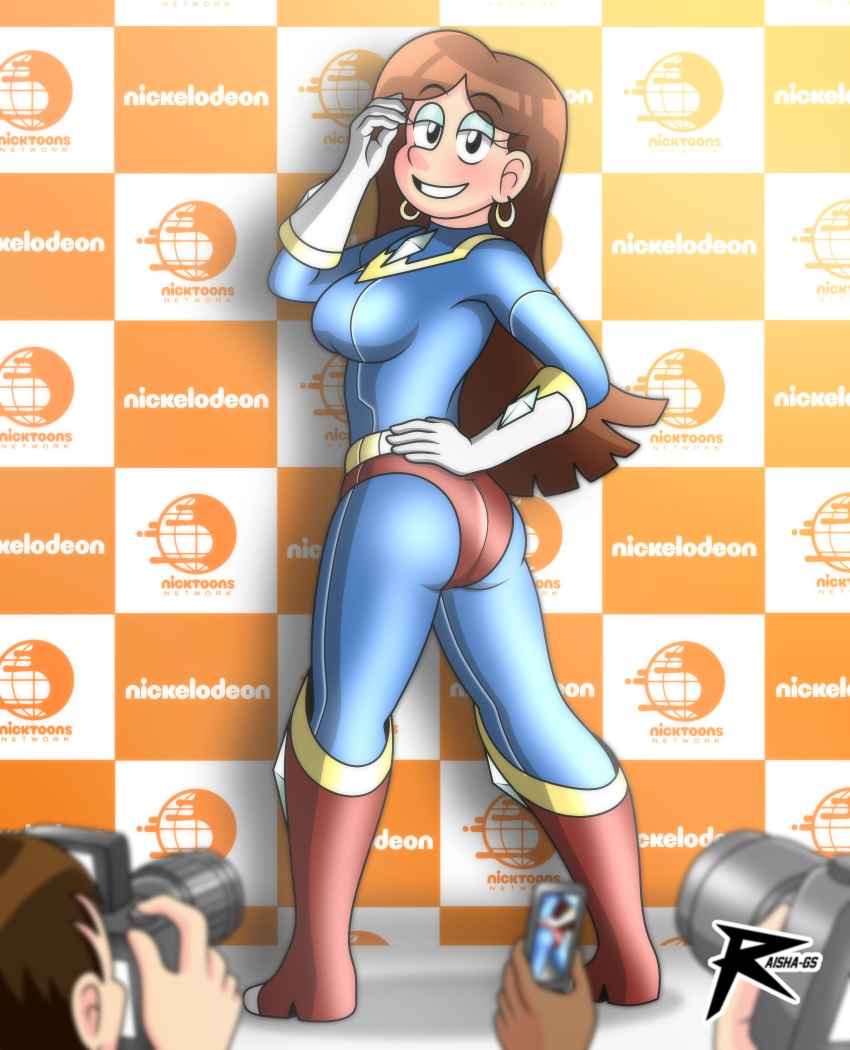 ass boobs_and_butt_pose brown_hair half-closed_eyes lady_ace original_character paparazzi pose posing raishags sideboob smile solo_female superhero superhero_costume superheroine the_loud_house tight_suit