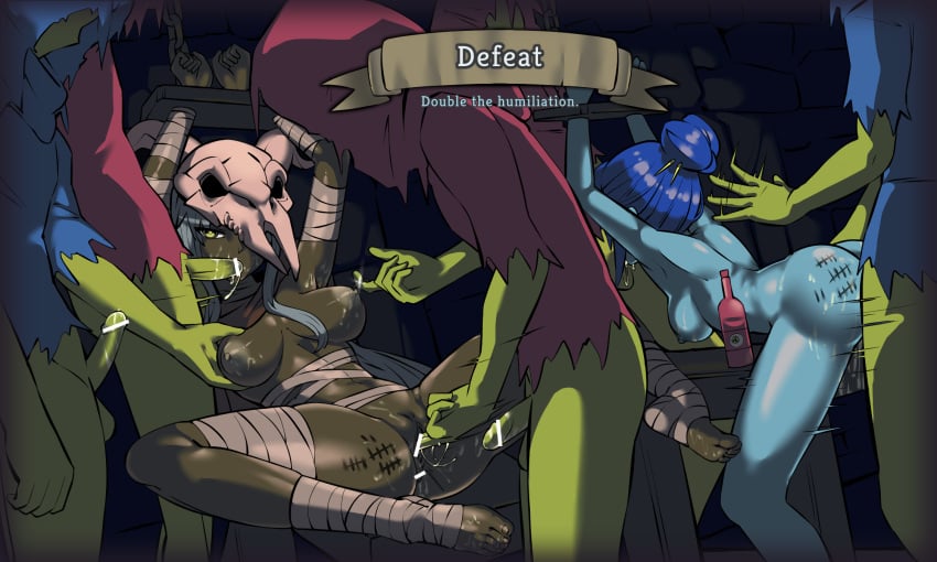 2girls 5boys bar_censor blue_skin bound_wrists breast_grab captured censored defeated dumb_witch fellatio fingering gangrape green_skin humiliation nipple_piercing rape restrained silent_(slay_the_spire) slay_the_spire spitroast tally_marks watcher_(slay_the_spire)