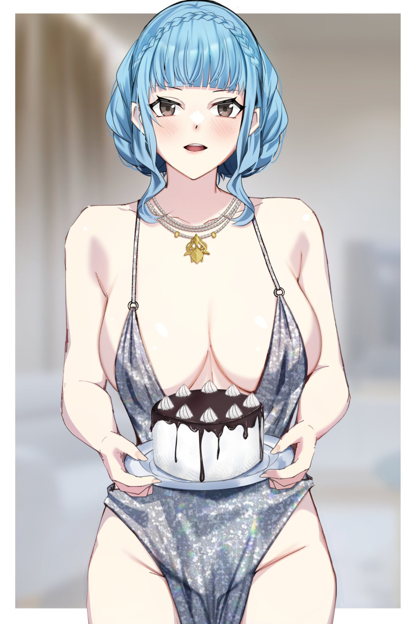 1girls alternate_costume blue_hair blush breasts brown_eyes cake cleavage dress entogman female female_only fire_emblem fire_emblem:_three_houses large_breasts light-skinned_female light_skin looking_at_viewer marianne_von_edmund necklace nintendo open_mouth request solo