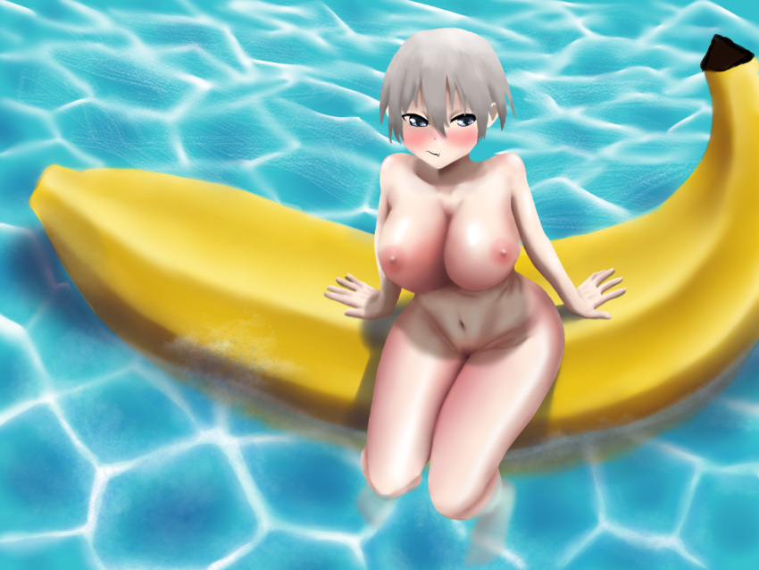 1girls areolae banana banana_boat barefoot big_breasts boat breasts completely_nude completely_nude_female female female_only full_body grey_hair naked naked_female nipples nude nude_female paperpod partially_submerged short_hair solo solo_female uzaki-chan_wa_asobitai! uzaki_hana water