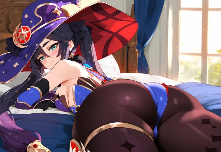 ai_generated ass ass_focus bed blue_eyes breasts bubble_butt female genshin_impact leotard looking_at_viewer lying mona_(genshin_impact) nails on_bed pants purple_hair rear_view smile stable_diffusion truckkunart twintails witch_hat