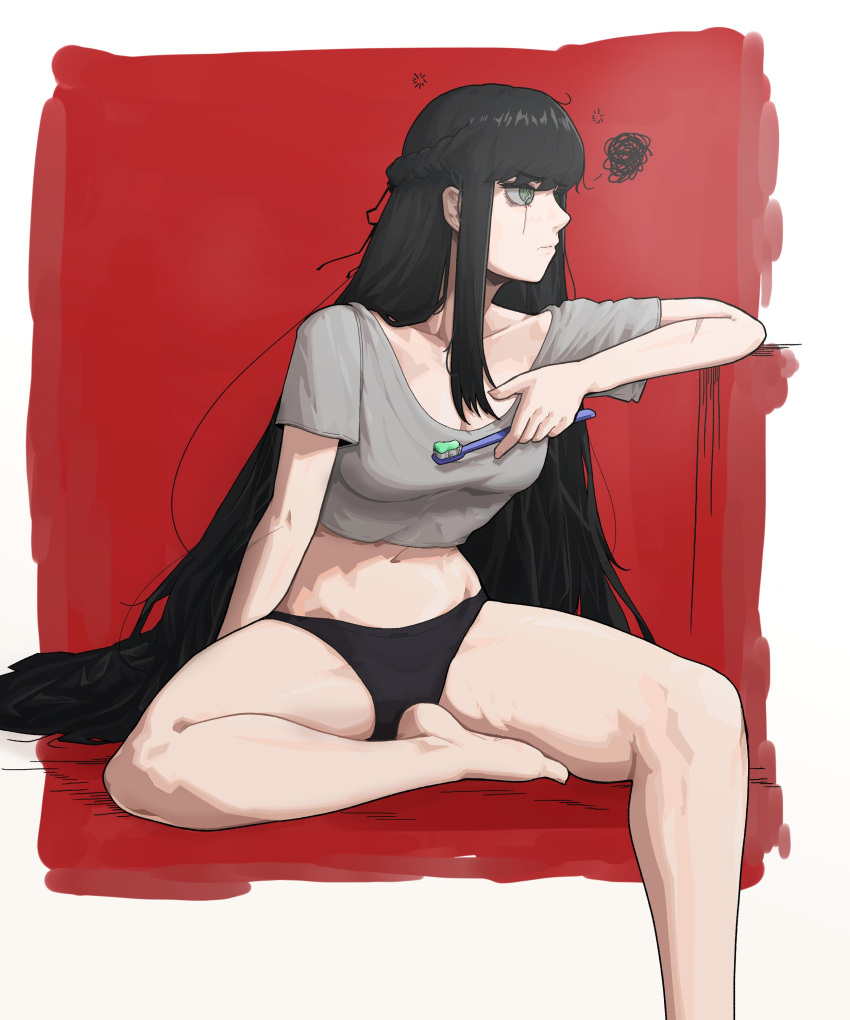 bare_legs barefoot belly_button black_hair breasts brush brushing_teeth feet gogalking insact leaning_forward long_hair panties shirt sitting spread_legs teenager thick_thighs very_long_hair