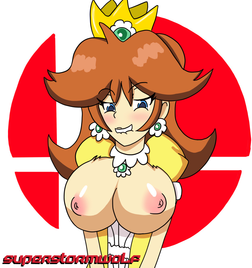 1girls bare_arms big_breasts biting_lip blue_eyes blush breasts breasts_out breasts_out_of_clothes brooch brown_hair closed_eyes clothing collar crown dress earrings female female_only flower_earrings half-closed_eyes huge_breasts large_breasts light-skinned_female light_skin lips looking_at_viewer mario_(series) nintendo nipples pale-skinned_female pale_skin pink_nipples princess_daisy puffy_sleeves shoulder_length_hair simple_background smile solo super_smash_bros. superstormwolf teeth topless torn_clothes upper_body yellow_dress