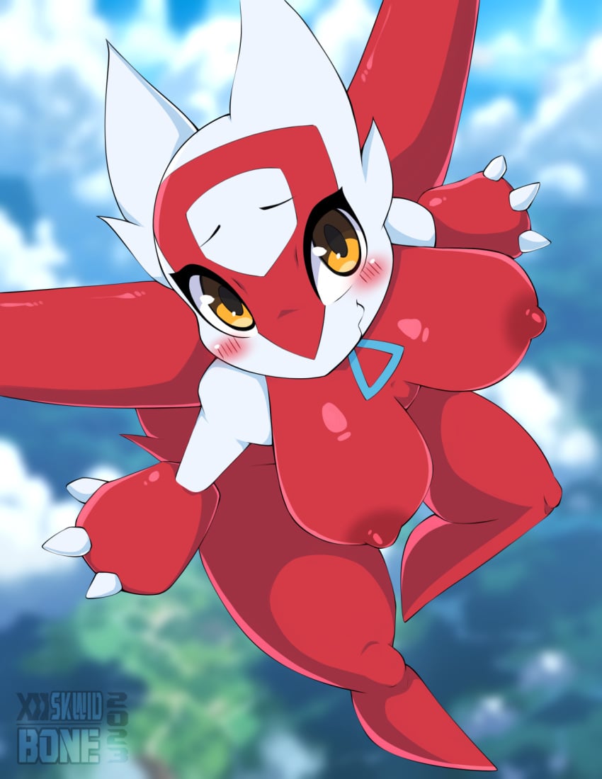 alternate_version_available amber_eyes anthro areolae blush claws female fluffy_ears flying latias leanne_(skwidbone) nipples nude pokemon pokemon_(species) pokemon_rse red_body skwidbone smile watermark wings