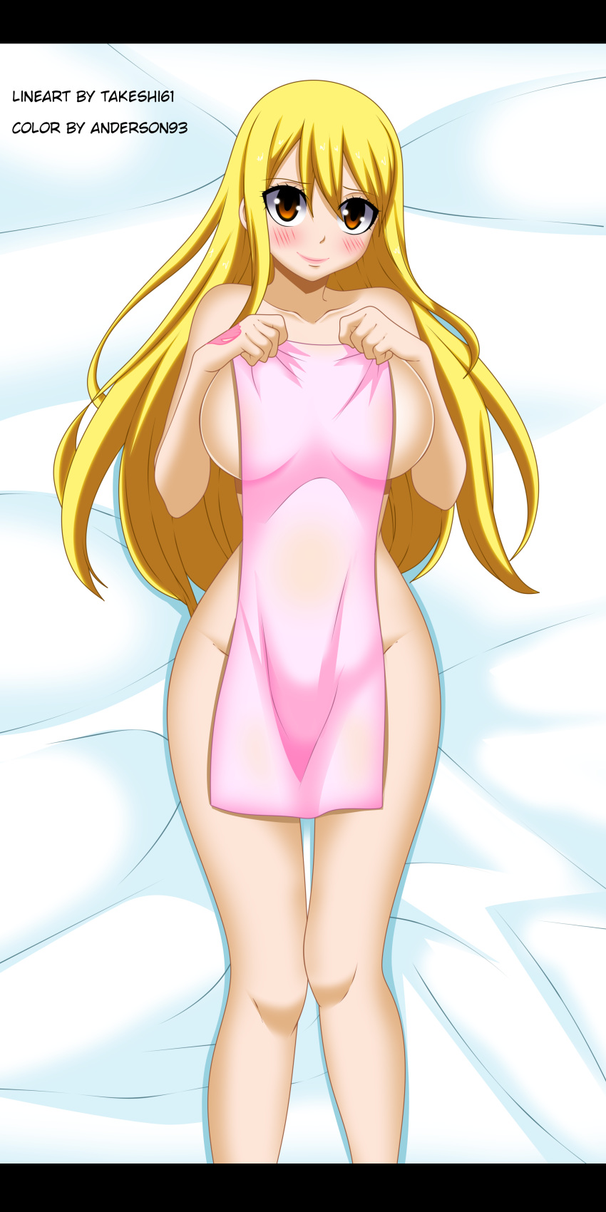 anderson93 blonde_hair fairy_tail female female_only hand_tattoo hazel_eyes large_breasts long_hair lucy_heartfilia lying_on_bed solo takeshi61_(artist) tattoo towel towel_only wide_hips