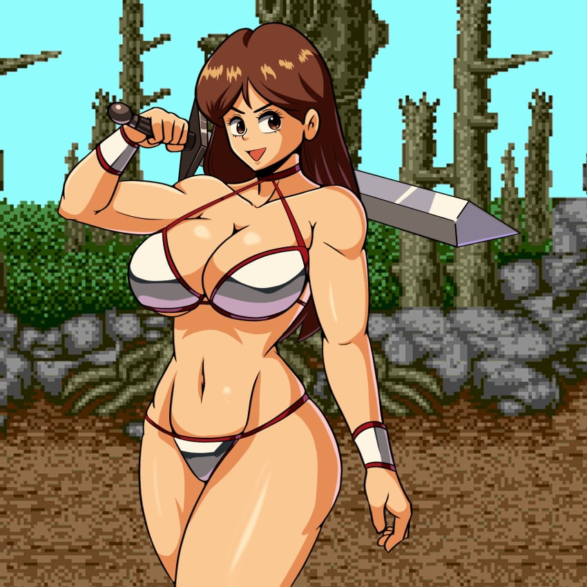 1girls arm_under_breasts big_breasts bikini breasts brown_eyes brown_hair busty child_bearing_hips cleavage curvy female female_only golden_axe highres iggy-bomb large_breasts legs looking_at_viewer navel open_mouth sega smile swimsuit sword thick_thighs thighs toned tyris_flare voluptuous weapon white_bikini wide_hips