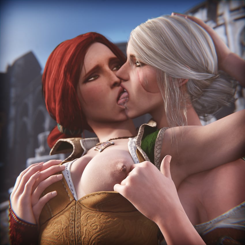 2girls 3d breasts breasts_out ciri clothing female kissing light-skinned_female multiple_girls nipples red_hair saliva scar the_witcher_(series) the_witcher_3:_wild_hunt tongue_kiss triss_merigold white_hair yuri zynotheum