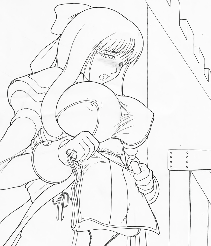 1girls ainu_clothes big_breasts blush breasts busty clothes_lift come_hither covered_erect_nipples female female_only fingerless_gloves gloves hair_ribbon highres king_of_fighters large_breasts legs long_hair monochrome nakoruru nipple_slip nipples open_mouth panties ribbon samurai_shodown side-tie_panties sketch snk solo thighs underboob underwear