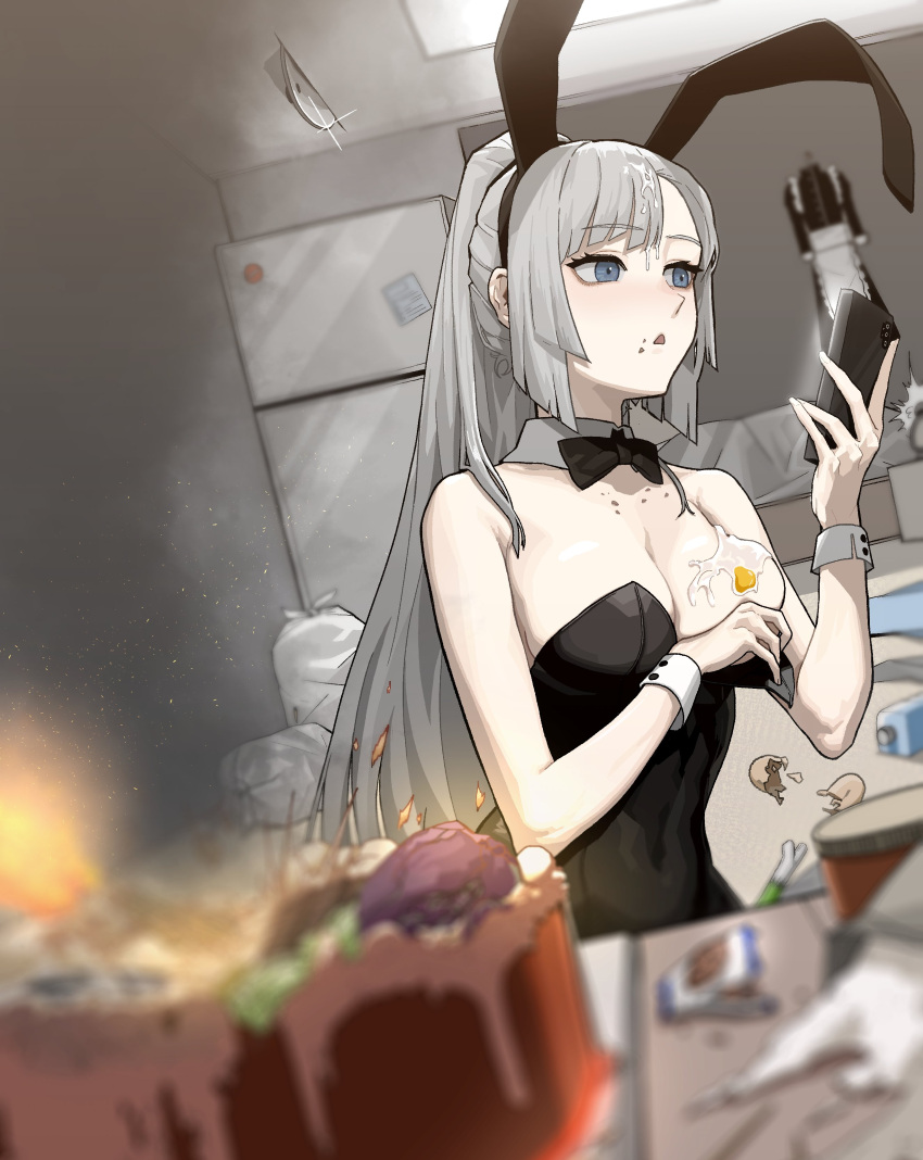 belly_button big_breasts bunny_costume bunny_ears bunny_girl bunnysuit eating food_on_body gogalking grey_eyes hime_cut insact long_hair looking_at_phone oc original_character slim_waist teenager white_hair