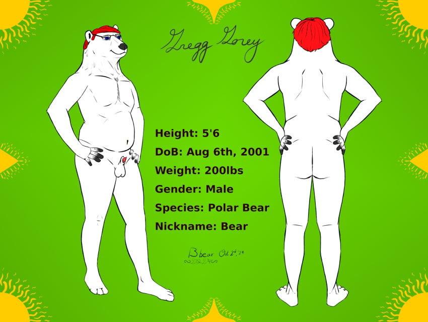 animal_genitalia animal_penis anthro ass balls bbear bear belly biped blue_eyes dated digital_media_(artwork) english_text eyewear feet fur genitals glasses gregg_(bbear) hair hands_on_hips happy hi_res information information_box information_section male mammal model_sheet musclegut muscular nude overweight pecs penis polar_bear red_hair sheath signature simple_background slightly_chubby smile solo standing text ursine ursine_penis white_body white_fur