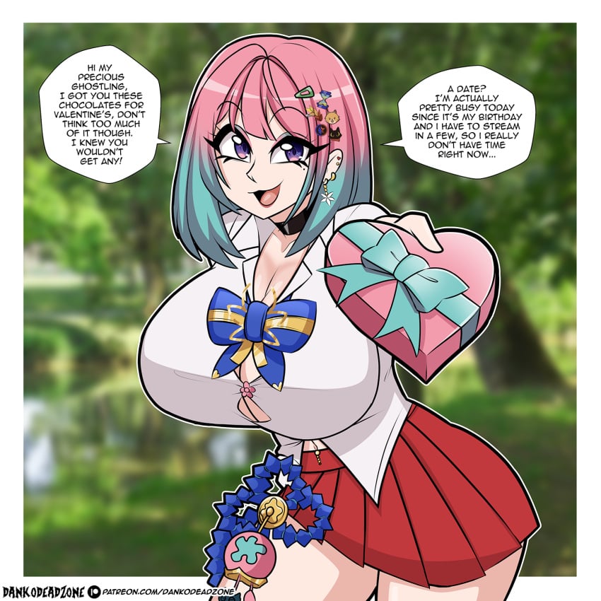 1futa accessory big_breasts blue_hair blurry_background border bottomwear bow breasts choker cleavage clothed clothing commission cropped_legs cute dankodeadzone dialogue earrings english_text eyebrows_visible_through_hair eyelashes eyeshadow fully_clothed futanari hair_ornament hairclip holding_object huge_breasts human imminent_sex indie_virtual_youtuber large_breasts light-skinned_futanari light_skin lipstick looking_at_viewer makeup medium_hair mole mole_under_eye nature navel_piercing open_mouth open_smile outdoors outside pink_hair purple_eyes reiyuguigui shiny_hair shirt skirt smile smiling smiling_at_viewer solo speech_bubble standing text text_bubble thick_thighs topwear two_tone_hair valentine's_day virtual_youtuber vtuber white_border wholesome wide_hips