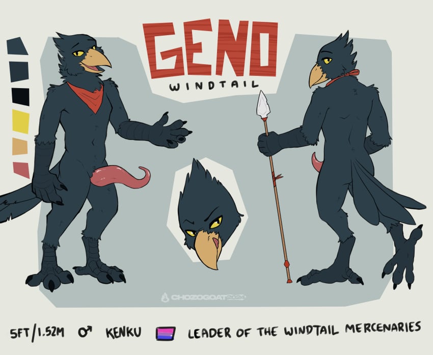 absurd_res anthro avian avian_feet bandana bandanna_only bedroom_eyes chozogoat claws digitigrade dungeons_and_dragons genitals hasbro hi_res kenku kerchief kerchief_only lgbt_pride licking licking_lips lizard_penis looking_at_viewer male male_only melee_weapon model_sheet mostly_nude narrowed_eyes nude palette penis polearm prehensile_penis pupils seductive slit_pupils solo spear text tongue tongue_out weapon wingless_avian wizards_of_the_coast yellow_eyes