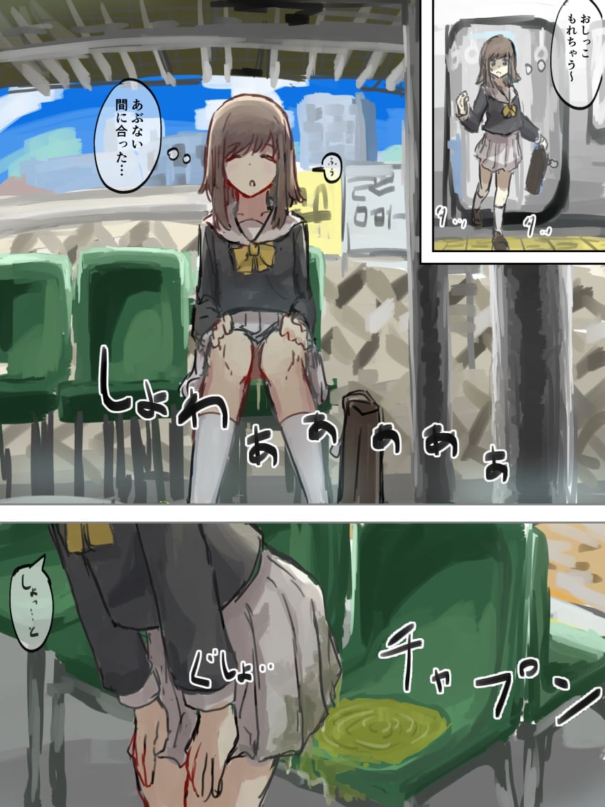 bench brown_hair ewokakuni peeing peeing_self public school_uniform schoolgirl tagme 角煮