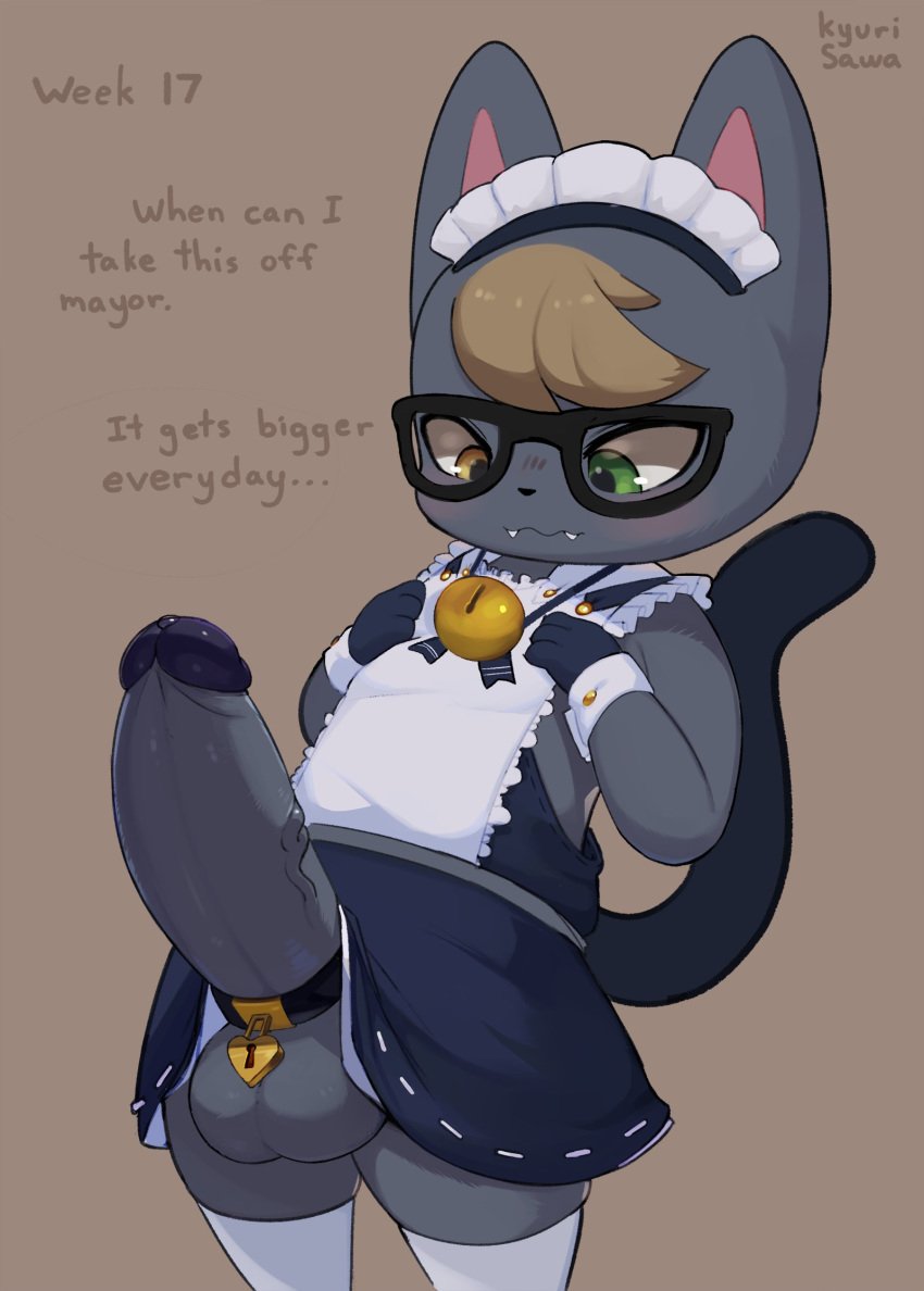 1boy accessory animal_crossing anthro balls big_penis blonde_hair chastity clothed clothing cock_ring crossdressing english_text erection eyewear felid feline fur genitals glasses grey_body grey_fur hair hi_res honeycalamari huge_cock humanoid_genitalia humanoid_penis jewelry maid_uniform male male_only mammal nintendo orgasm_denial penis penis_accessory penis_growth penis_jewelry raymond_(animal_crossing) sawakyuri simple_background solo standing teapot_(body_type) text uniform vein veiny_penis video_games