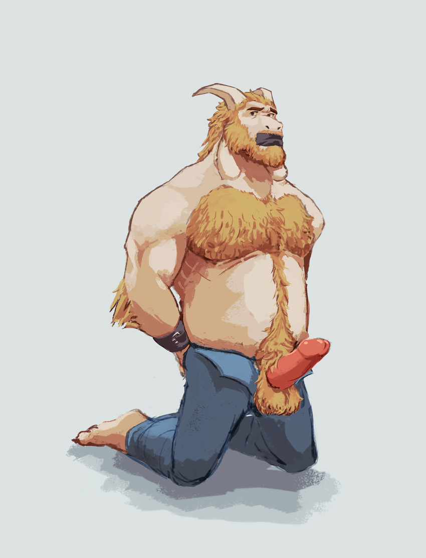 anthro asgore_dreemurr balls barefoot beard biped blonde_hair body_hair bondage boss_monster bottomwear bound bovid caprine chest_hair clothing domination erection facial_hair fur gag gagged genitals glans hair hairy hands_behind_back happy_trail hi_res horn humanoid_genitalia humanoid_penis long_ears male male_only mammal mature_male moustache musclegut nipples open_pants pants penis pink_glans pink_penis pubes qwerty-0 slightly_chubby solo submissive submissive_male tape tape_gag undertale video_games yellow_balls