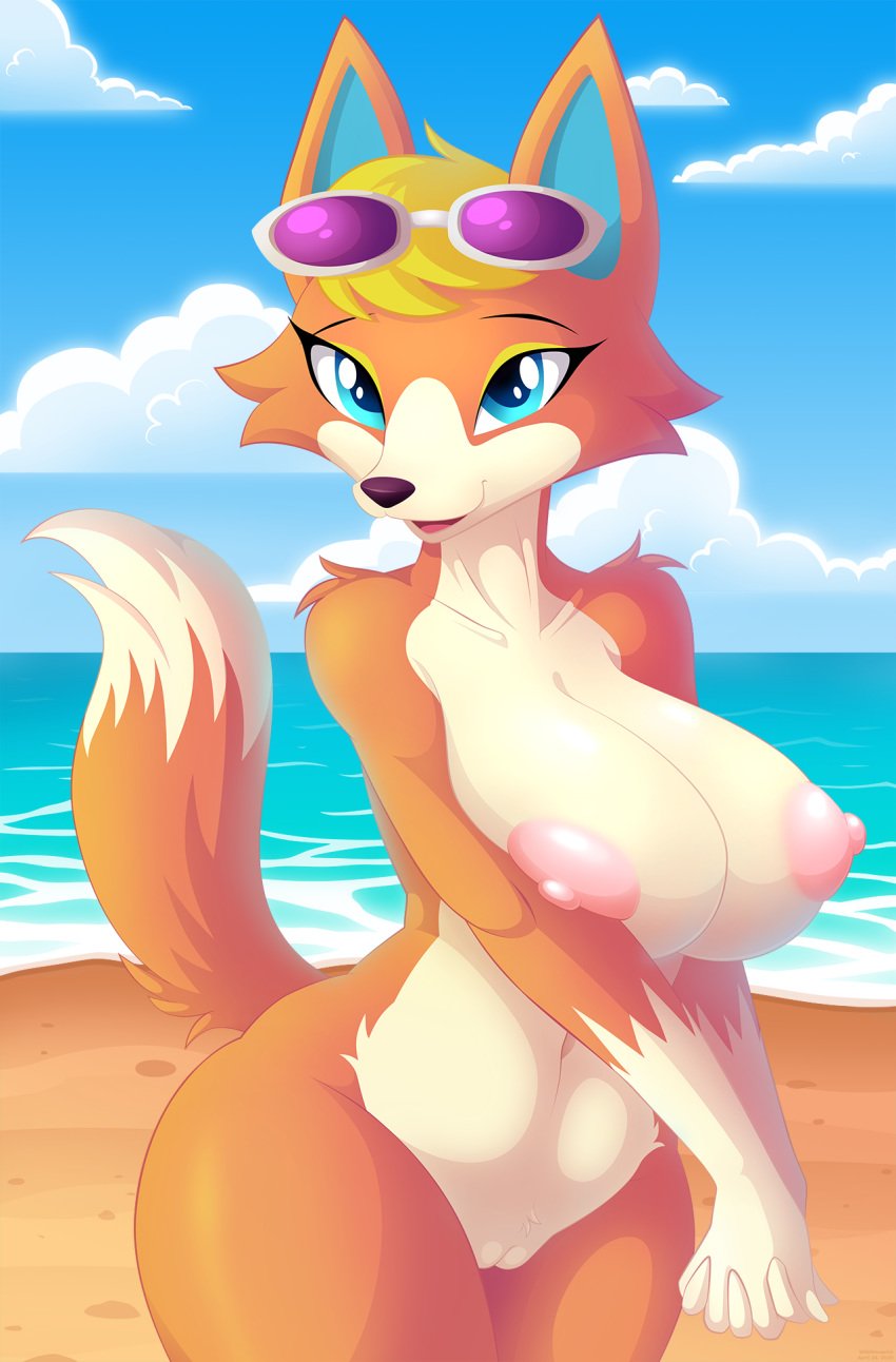 alternate_body_type alternate_breast_size animal_crossing anthro audie_(animal_crossing) beach big_breasts breasts canid canine canis eyewear female fur furry furry_only hi_res looking_at_viewer mammal naked nintendo nipples nude open_mouth pussy sand seaside solo sunglasses tail video_games water whitmaverick wolf