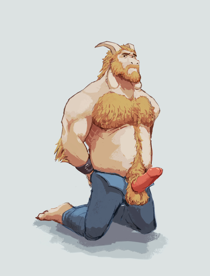 anthro asgore_dreemurr balls bara barefoot beard biped blonde_hair body_hair bondage boss_monster bottomwear bound bovid caprine chest_hair clothing domination erection facial_hair fur gag gagged genitals glans hair hairy hands_behind_back happy_trail hi_res horn humanoid_genitalia humanoid_penis long_ears male male_only mammal mature_male moustache musclegut nipples open_pants pants penis pink_glans pink_penis pubes qwerty-0 slightly_chubby solo submissive submissive_male undertale video_games yellow_balls