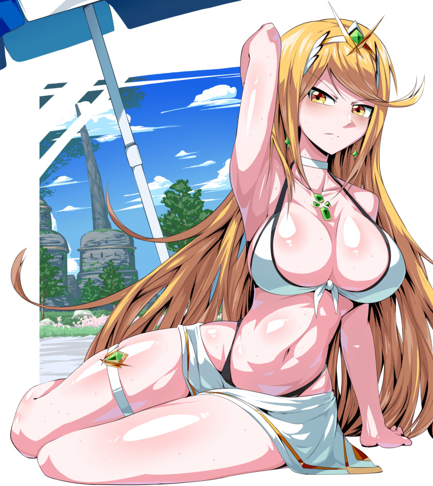 1girls 2019 arm_up armpits bikini blonde_hair blue_sky blush breasts chest_jewel choker cleavage cloud earrings embarrassed eyebrows_visible_through_hair female female_only front-tie_bikini front-tie_top full_body hair_ornament highres jewelry large_breasts legwear long_hair looking_at_viewer matching_hair/eyes mythra navel nintendo sitting skindentation sky solo suzusiigasuki sweat swimsuit thick_thighs thigh_strap thighs umbrella very_long_hair white_bikini xenoblade_(series) xenoblade_chronicles_2 yellow_eyes