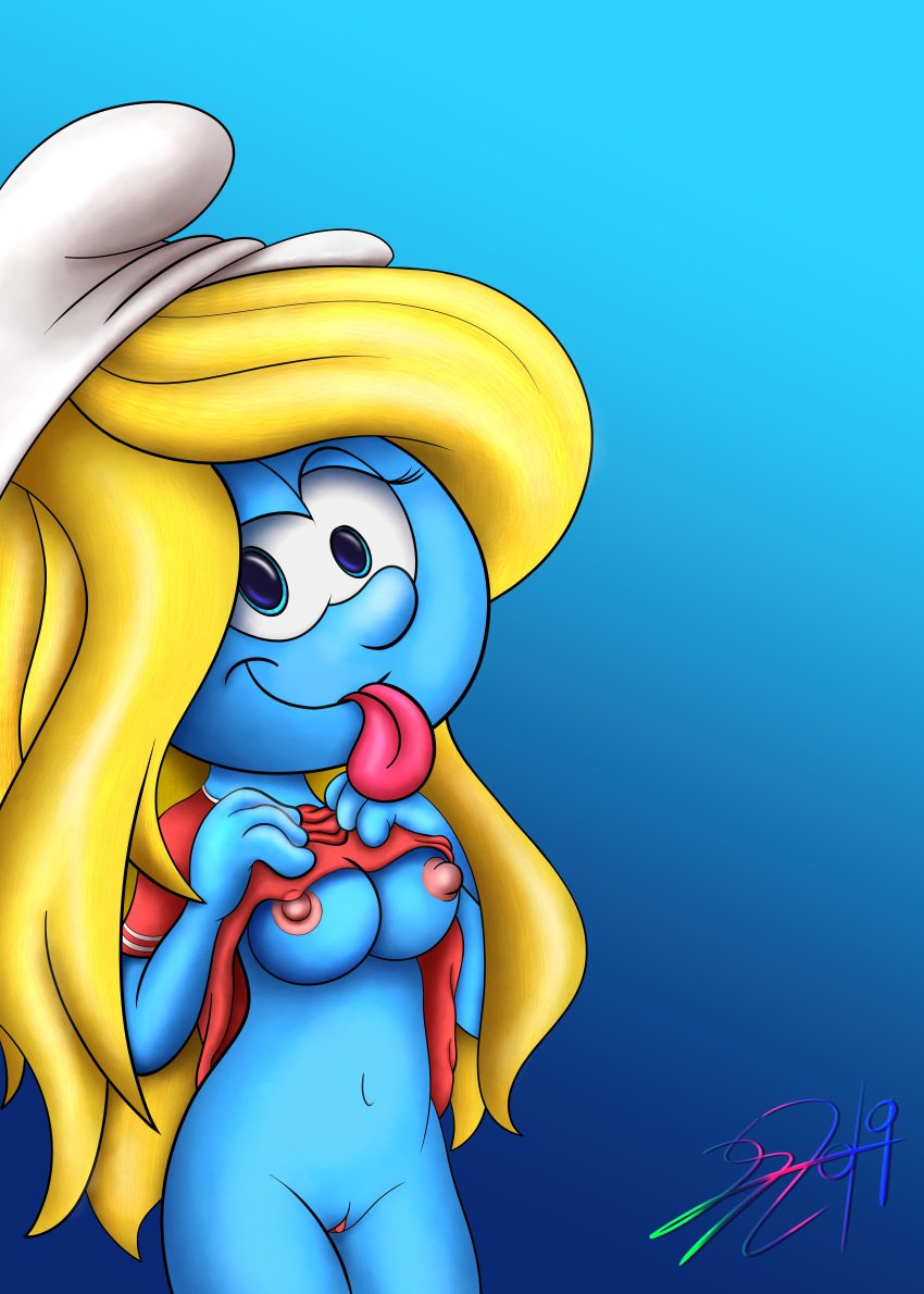 absurd_res blonde_hair blue_body blue_skin bottomless breasts clitoris clothed clothing clothing_lift female genitals hair hi_res humanoid lobogris looking_at_viewer nipples peyo_(copyright) pussy shirt shirt_lift smurf smurfette solo the_smurfs tongue tongue_out topwear