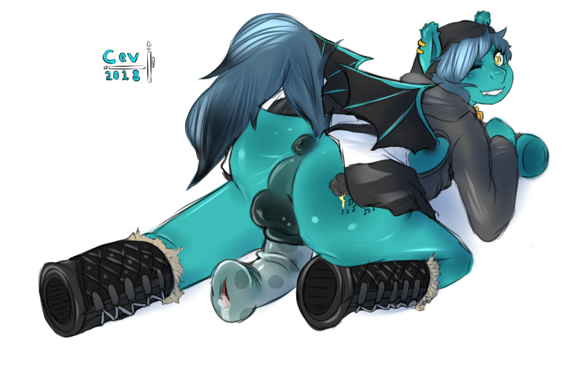 2018 animal_genitalia animal_penis anthro anus balls bat_wings blue_hair bodily_fluids cev clothed clothing ear_piercing equid equine equine_penis fangs flaccid genital_fluids genitals girly hair horse looking_at_viewer male mammal markings membrane_(anatomy) membranous_wings one_eye_closed penis piercing pony puffy_anus raised_tail rear_view solo teal_body vampire wings wink yellow_eyes