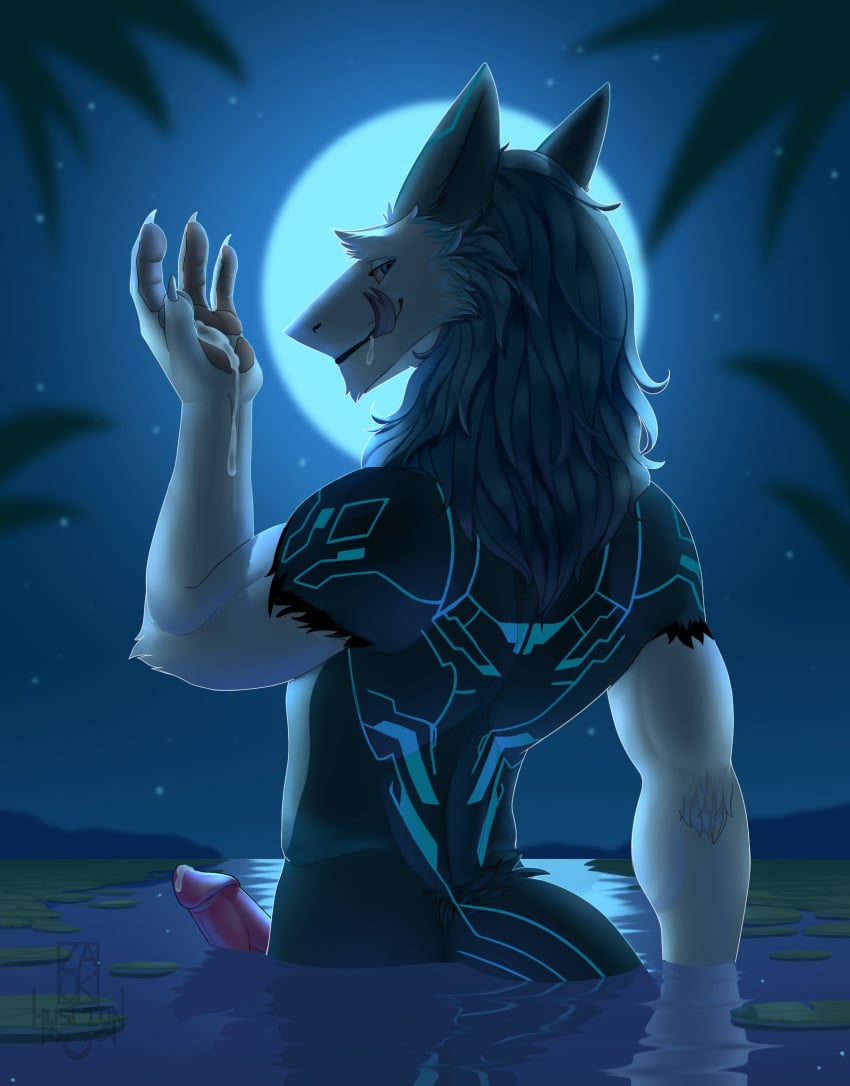 4_fingers anthro bodily_fluids claws cum cum_on_face fingers genital_fluids genitals hi_res huslion leaf light lily_pad male male_only moonlight nude outside penis plant precum sergal solo water