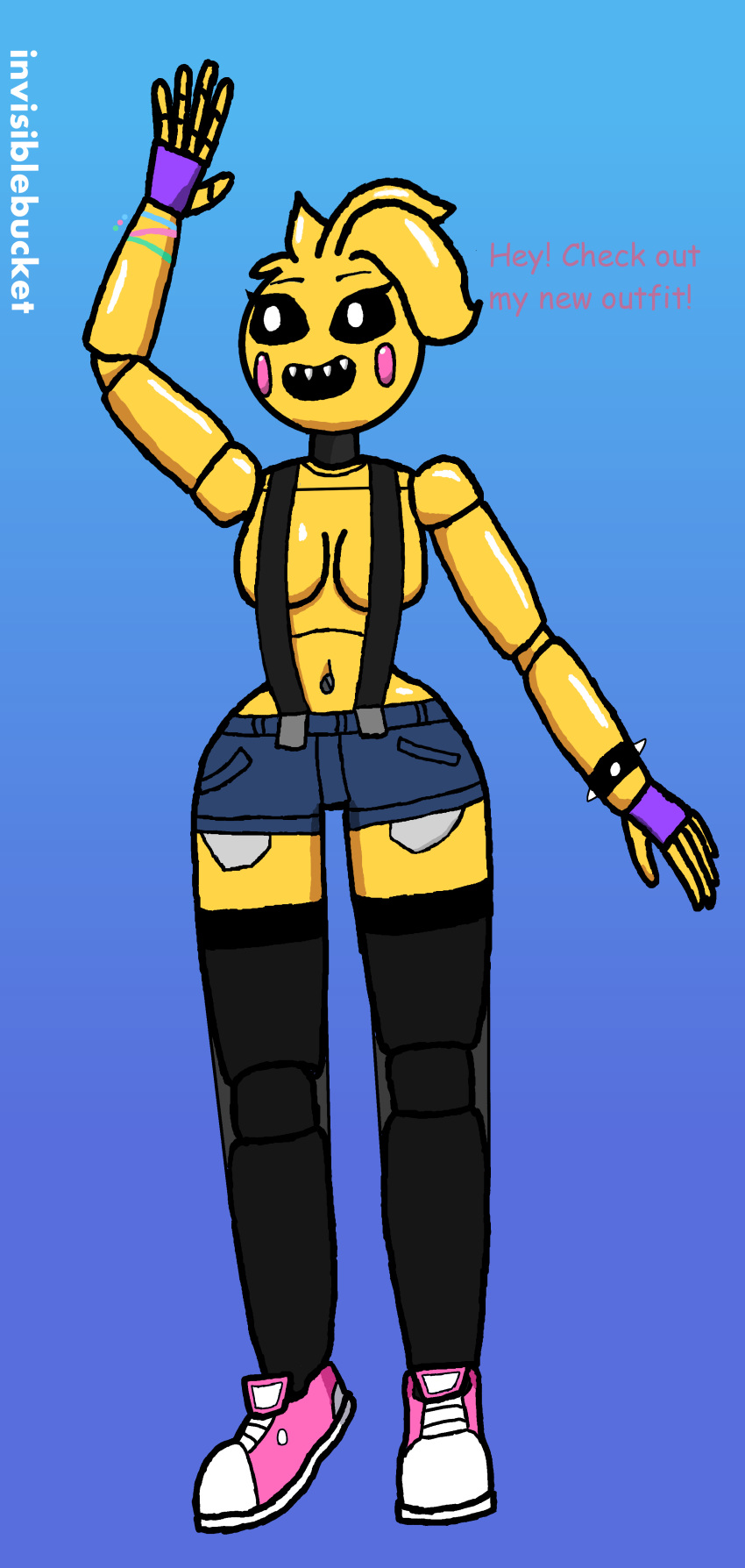 animatronic anthro avian beakless bird breasts clothing female female_only five_nights_at_freddy's five_nights_at_freddy's_2 invisiblebucket legwear robot shorts sneakers solo stockings toy_chica_(eroticphobia) toy_chica_(fnaf)