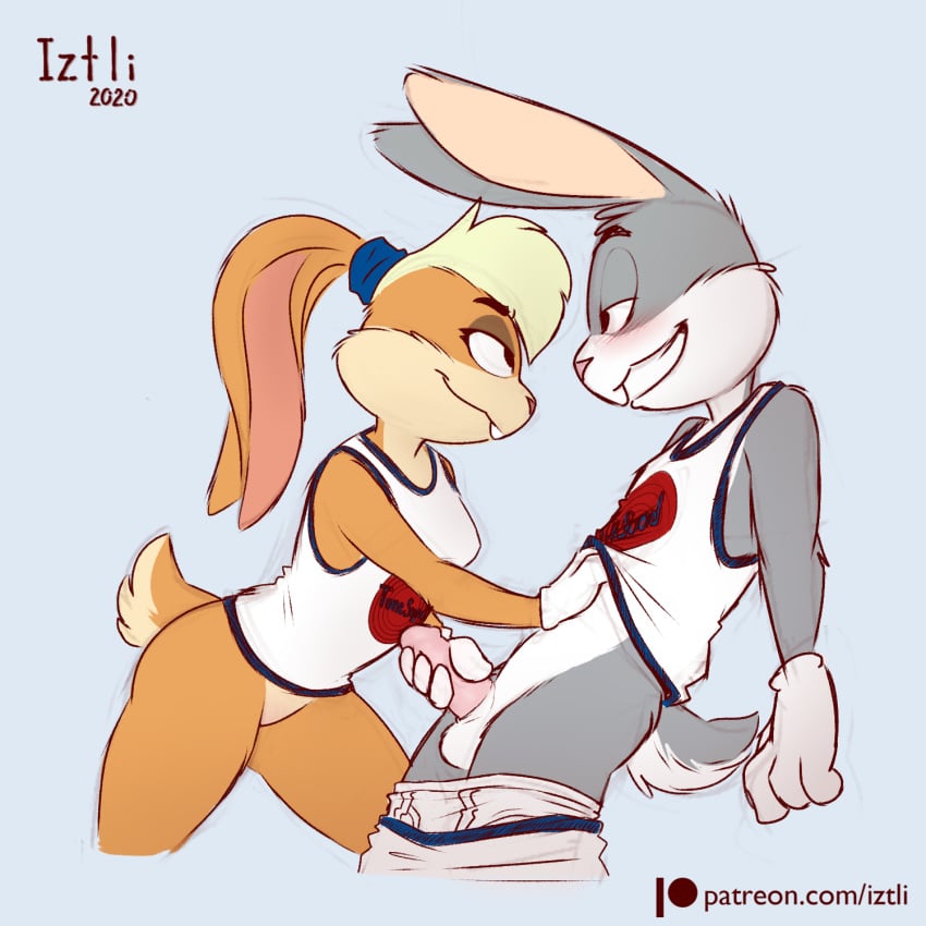 1:1 2020 anthro anthro_on_anthro balls blush bottomless bugs_bunny clothed clothing duo erection eye_contact female fur genitals gloves grey_body grey_ears grey_fur grey_tail handjob handwear hi_res iztli lagomorph leporid lola_bunny long_ears looking_at_another looney_tunes male mammal multicolored_clothing multicolored_topwear penile penis rabbit sex simple_background space_jam straight text topwear two_tone_tail underwear underwear_down url warner_brothers white_clothing white_gloves white_tail white_topwear