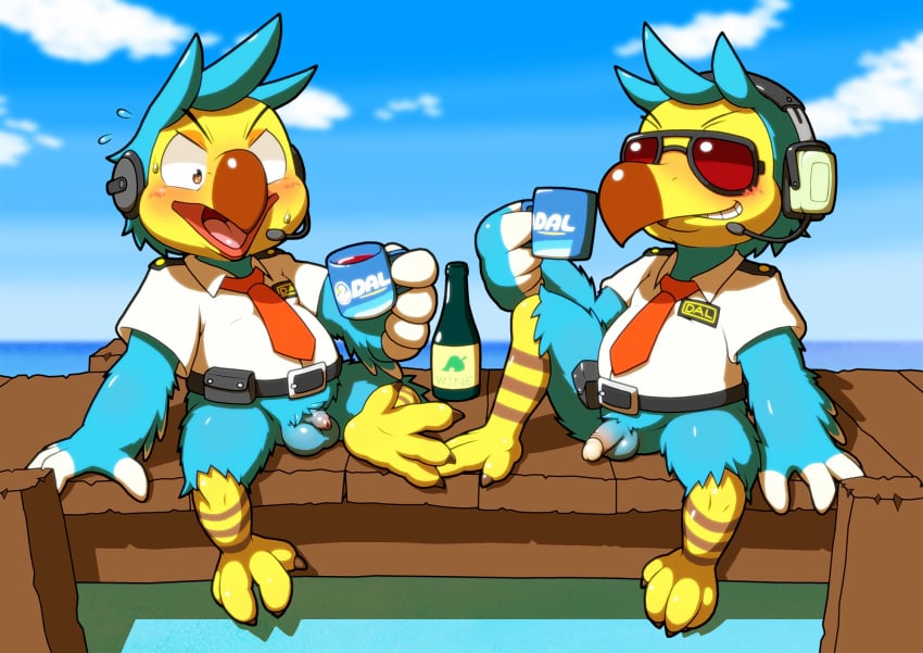 2boys alcohol amber_eyes angry animal_crossing anthro avian balls barefoot belt beverage bird blue_body blue_feathers blush bodily_fluids bottomless brother brothers circumcised clothed clothing cloud columbid cup dodo drunk duo erection eyewear feathers flaccid foreskin genitals grin headgear headphones headset hi_res male male_only multiple_penises nakayan necktie nintendo open_mouth orville_(animal_crossing) outside penis penis_envy pier sea shirt sibling sitting sky small_penis smile spreading substance_intoxication sunglasses sweat talons topwear video_games water wilbur_(animal_crossing) wine wine_bottle