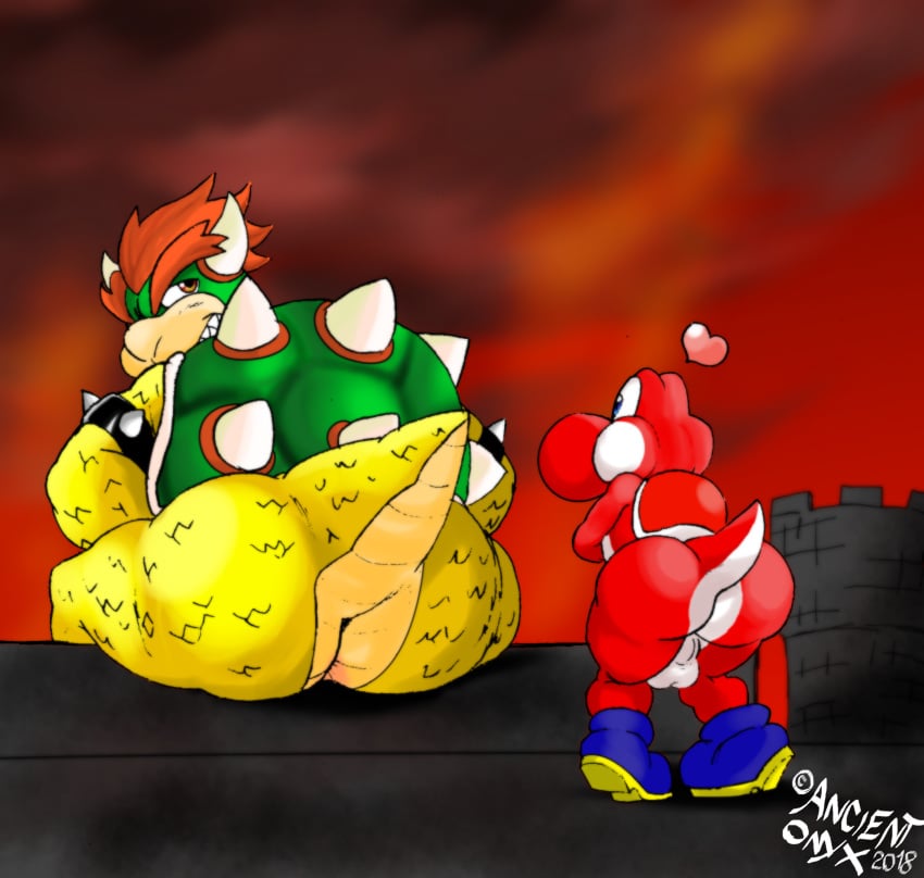 2boys ancient-onyx anthro ass balls big_butt bowser duo gay genitals heart hi_res looking_back male male/male male_only mario_(series) nintendo penis red_yoshi size_difference video_games yoshi