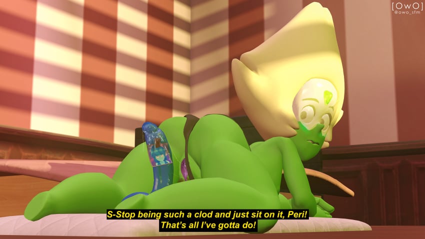 16:9 3d alien alien_humanoid ass blush bodily_fluids cartoon_network clothed clothing day dildo english_text female gem_(species) genitals green_blush green_body green_skin hair hi_res humanoid looking_at_dildo nervous owo_sfm panties peridot_(steven_universe) purple_pussy pussy sex_toy solo source_filmmaker steven_universe subtitled text topless underwear widescreen